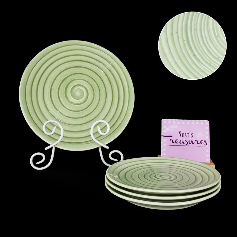 Tabletops SWIRL GREEN Spring Hand Painted Stoneware 10 5/8" Dinner Plate Set 4